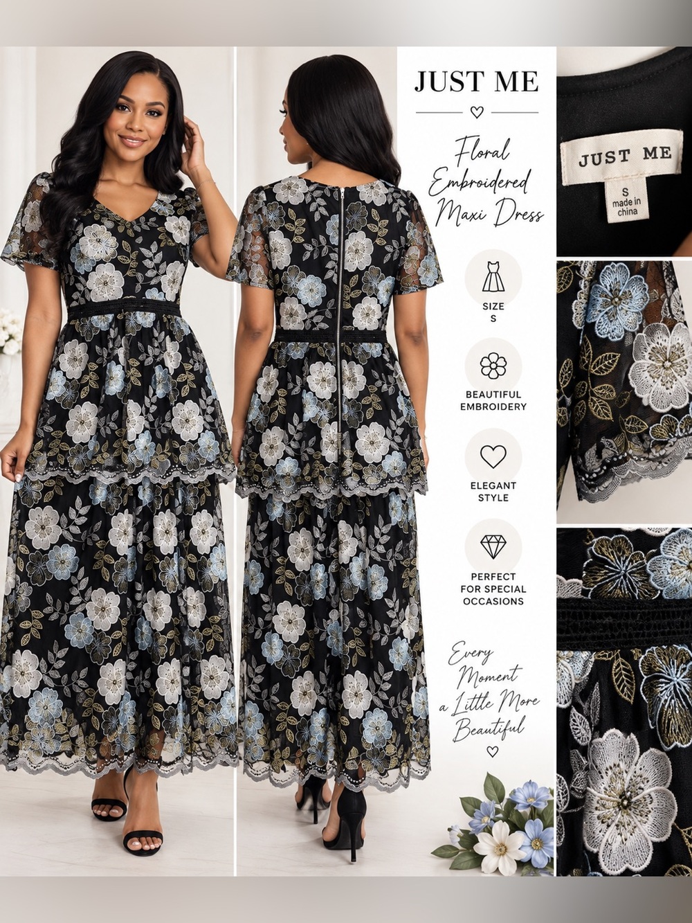 Just Me Black Floral Lace Maxi Dress with Blue & White Embroidery